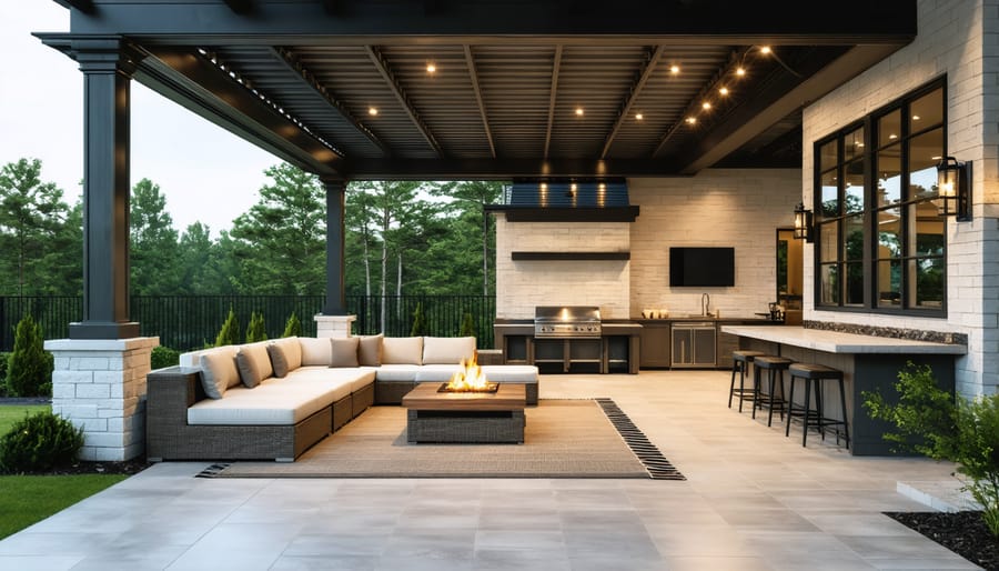 Multi-zone outdoor living area with pergola, furniture, and cooking space