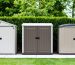 Collage depicting metal, vinyl, and resin outdoor storage units in a backyard, demonstrating features like water management systems and UV resistance for protection against sun, rain, and snow.