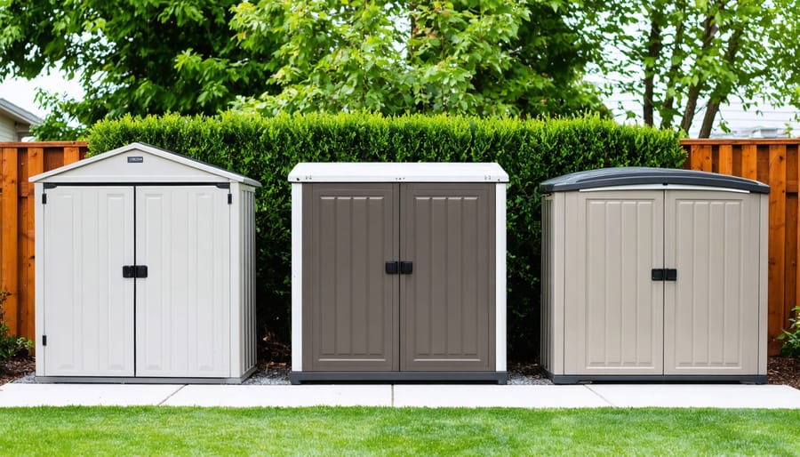 Collage depicting metal, vinyl, and resin outdoor storage units in a backyard, demonstrating features like water management systems and UV resistance for protection against sun, rain, and snow.