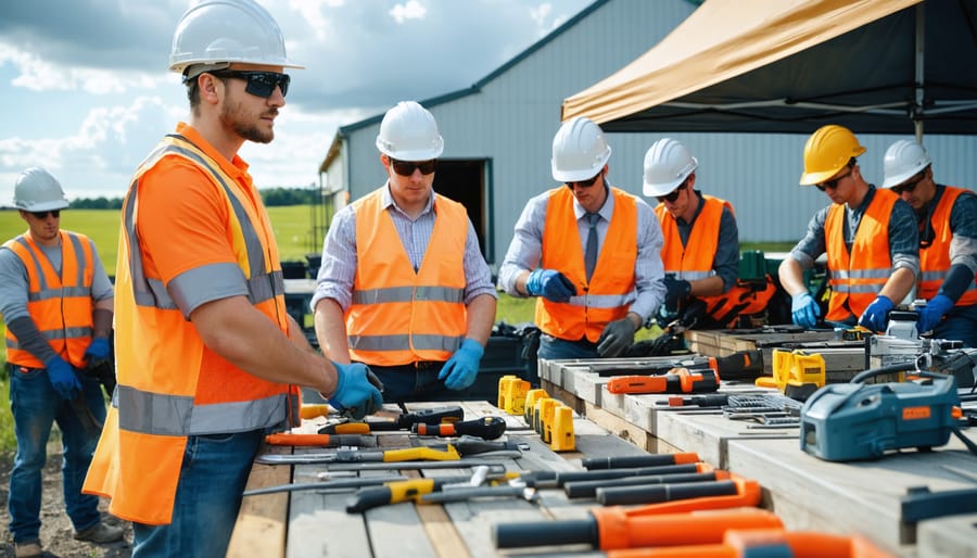 Workers in safety gear demonstrating proper outdoor workspace safety practices with organized tool storage and clearly marked pathways in a well-maintained outdoor environment.