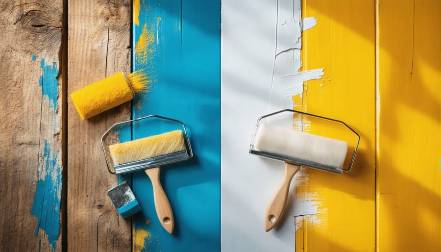Split image depicting a shed floor, contrasting an unpainted, worn wooden surface with a newly painted, vibrant and smooth floor, highlighting the protective benefits of painting.