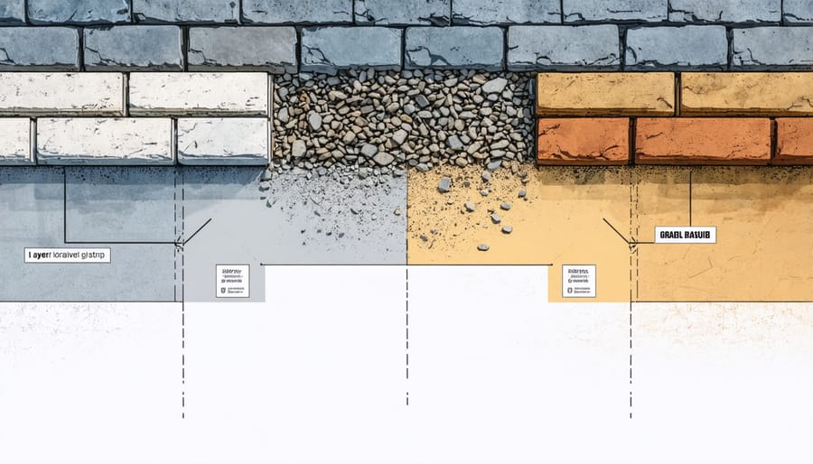 Cross-section diagram of paver foundation layers including gravel base, sand, and concrete pavers