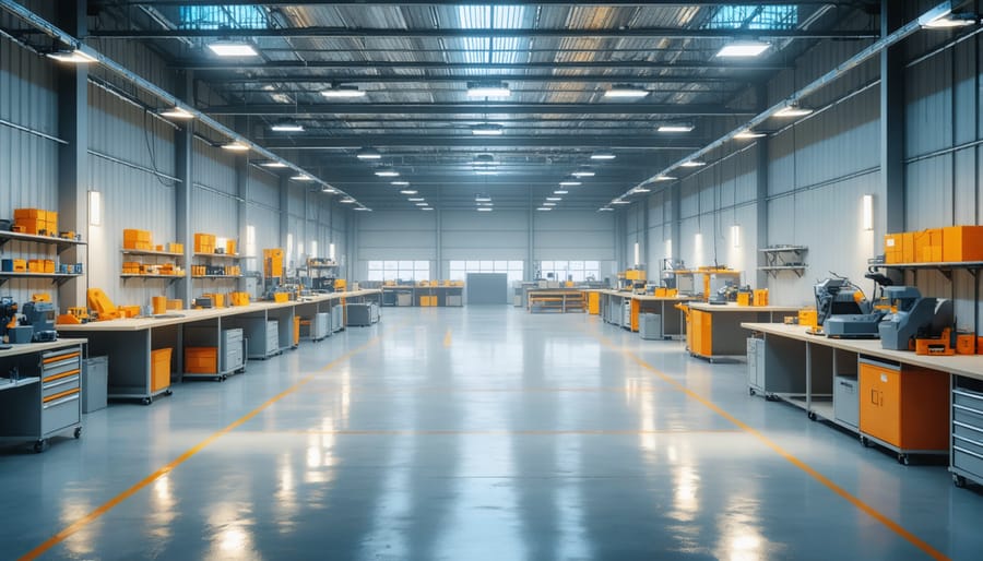 A brightly lit workshop featuring modern LED lighting solutions, including high bay lights and LED strips, demonstrating effective and energy-efficient illumination for optimal workspace productivity.
