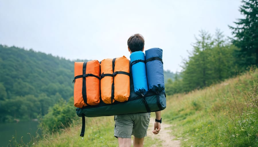 Individual transporting compact inflatable outdoor furniture set in carrying bag