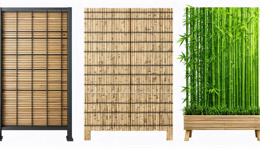 Comparison of various affordable privacy screen materials including bamboo rolls, reed fencing, and plastic lattice