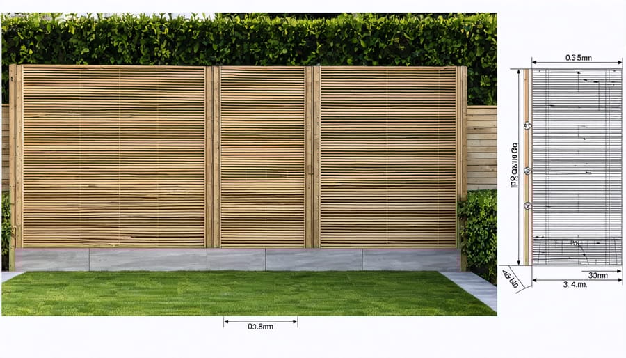 DIY installation process of privacy screen posts with measuring tape and level tool visible