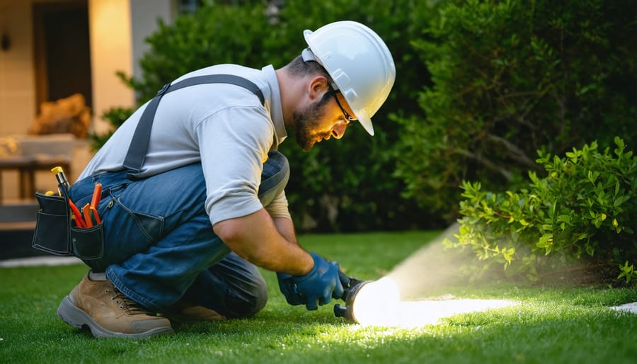 Lighting contractor installing modern LED fixtures along a garden pathway