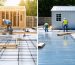 Professional construction team applying waterproof membranes and drainage systems to a shed foundation, contrasted with an unprotected foundation showing signs of potential water damage.