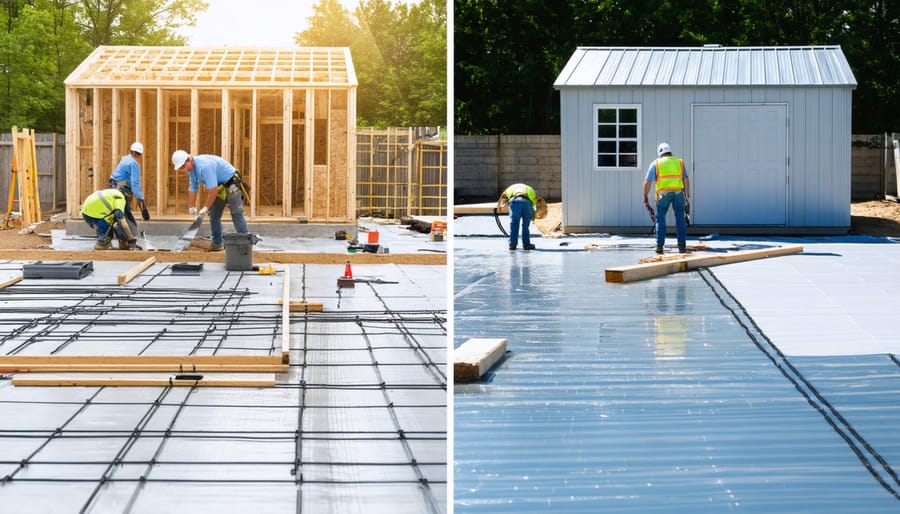 Professional construction team applying waterproof membranes and drainage systems to a shed foundation, contrasted with an unprotected foundation showing signs of potential water damage.