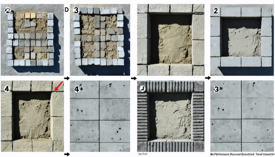 Sequential photos showing placement and leveling of recycled concrete blocks for shed foundation
