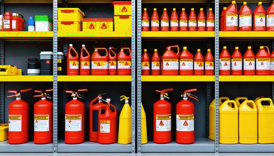 Safe storage setup for flammable materials in a garden shed with proper labeling and ventilation