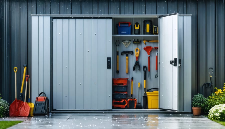 A sturdy, partially open metal storage shed door with an advanced lock system, showcasing organized tools and equipment inside. Light rain droplets illustrate weather resistance, enhancing the sense of security and durability.