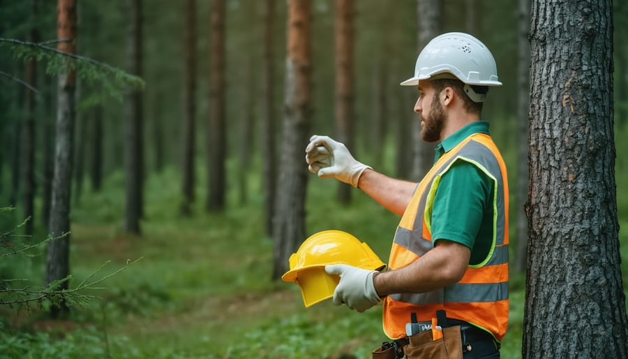 Professional forester marking trees for selective harvesting with biodegradable tape
