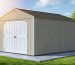 Illustration of a storage shed securely anchored with concrete, featuring visible wedge and sleeve anchors. The background includes elements of weather resilience, like swaying trees and a sunny sky, indicating protection and stability.