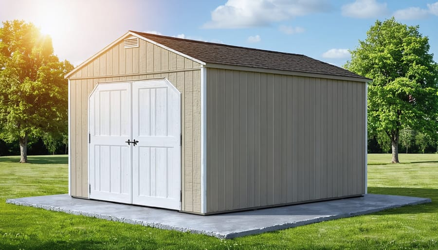 Illustration of a storage shed securely anchored with concrete, featuring visible wedge and sleeve anchors. The background includes elements of weather resilience, like swaying trees and a sunny sky, indicating protection and stability.