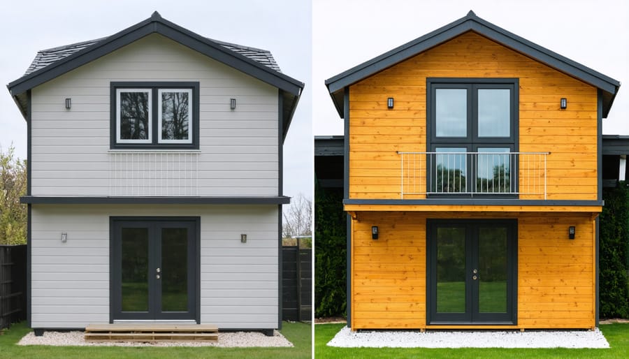 Side-by-side comparison showing a traditional two-story shed before conversion and its transformation into a modern living space