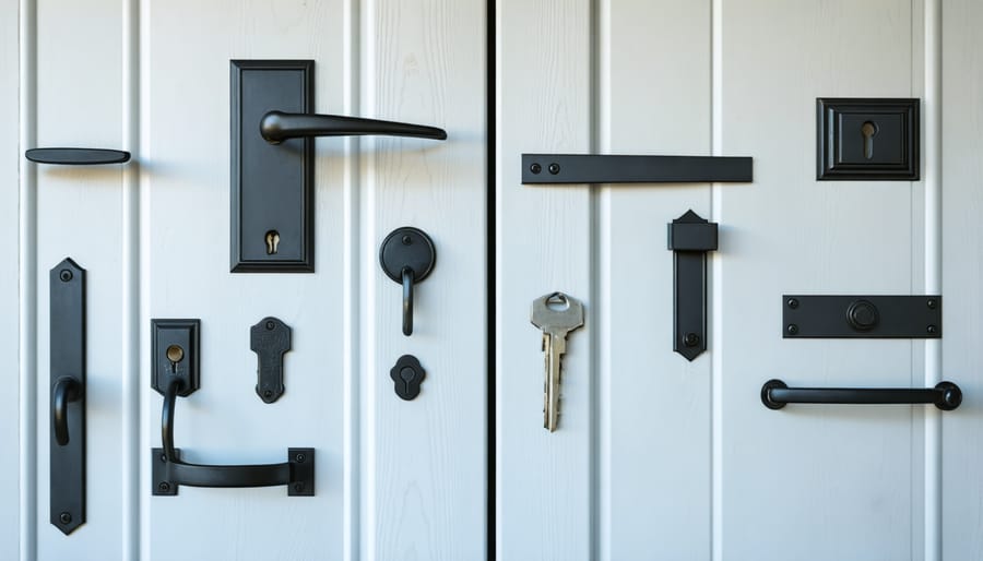 Display of different lock types and security features for metal storage shed doors