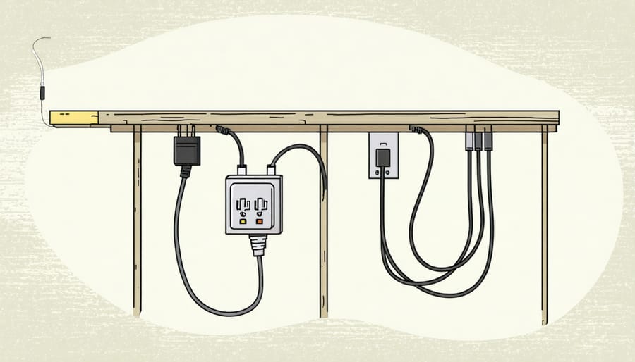 Illustrated diagram highlighting dangerous electrical situations in garden sheds