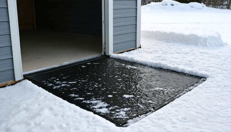 Heated mat clearing snow from storage shed entrance pathway