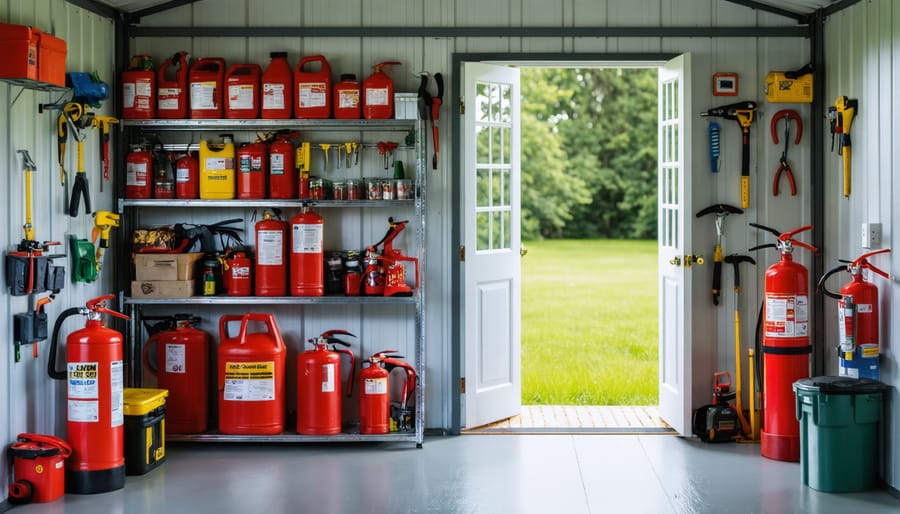An organized garden shed interior featuring fire safety measures, including labeled storage containers and fire safety equipment, illustrating the importance of proper fire prevention strategies.