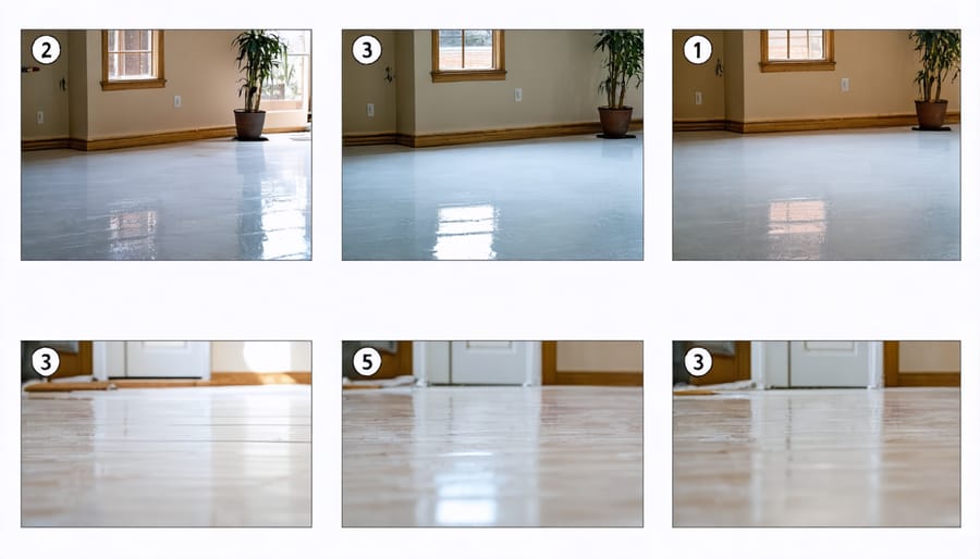 Sequential images demonstrating shed floor preparation steps from cleaning to priming