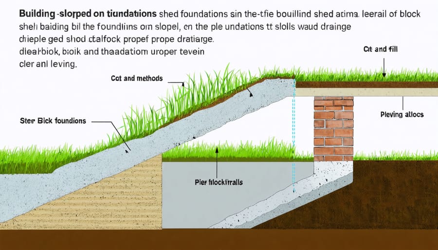 Illustration depicting different techniques for shed foundation on sloped ground, including cut-and-fill, retaining walls, and pier blocks, with a focus on proper drainage and leveling in a lush landscape.