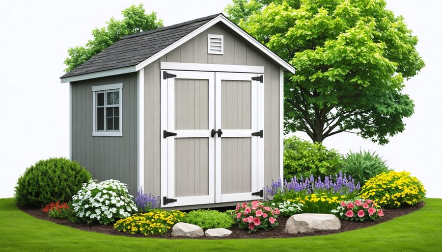 Garden shed surrounded by tiered landscaping with various plant heights and textures