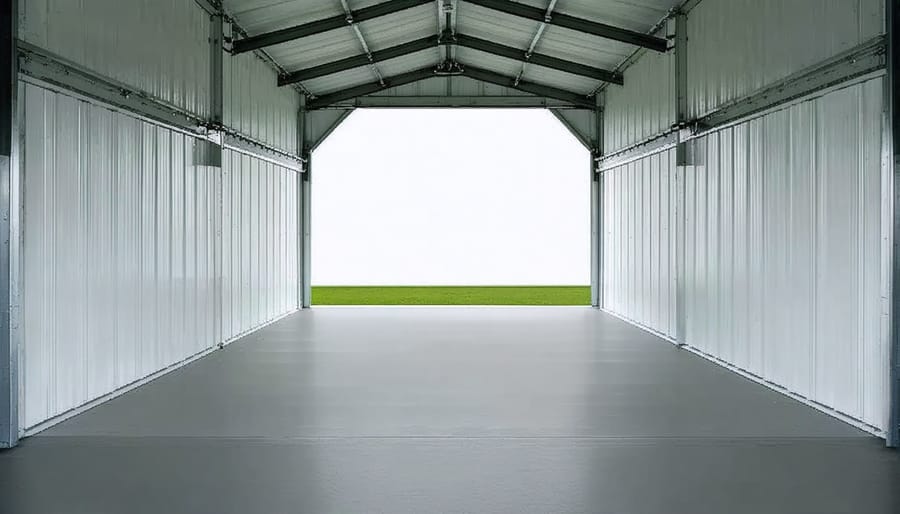 Modern shed interior with removable partition walls creating separate storage zones