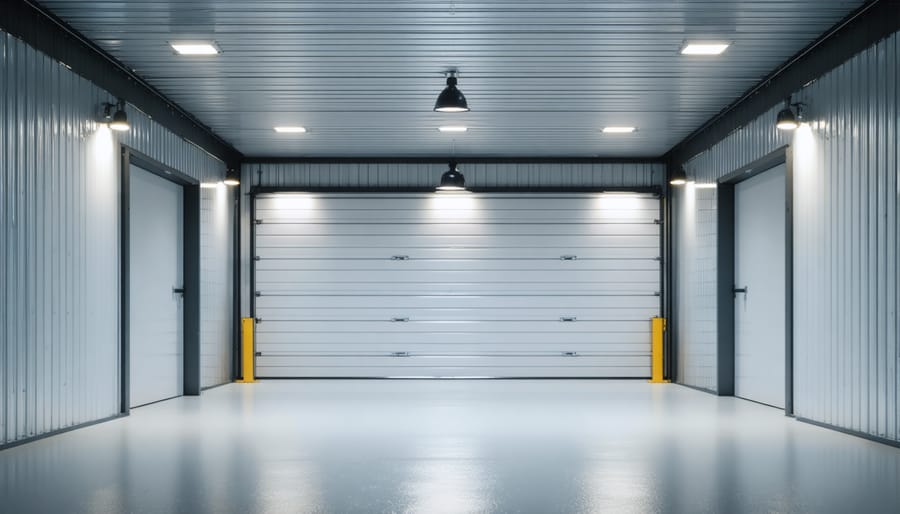 Interior lighting setup in finished shed showing ceiling fixtures and wiring installation