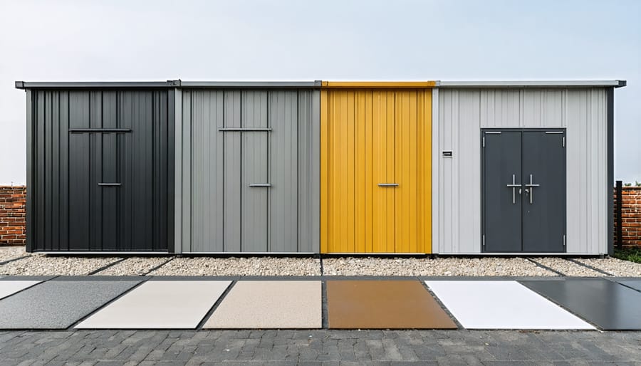 Various shed materials including wood siding, metal panels, and composite materials arranged in a display