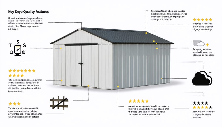 Visual guide highlighting important storage shed features including durability, weather resistance, and security features