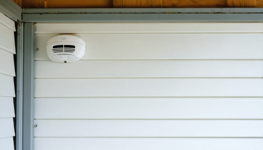 Diagram showing recommended locations for fire safety equipment in a garden shed