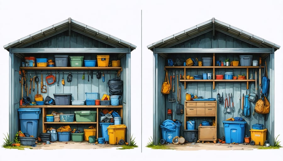 Before and after comparison of shed organization with labeled sorting areas for keep, donate, and dispose items