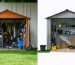 A split image showing the transition of a shed from cluttered to organized, with sorting zones labeled as keep, donate, and dispose in the organized section.