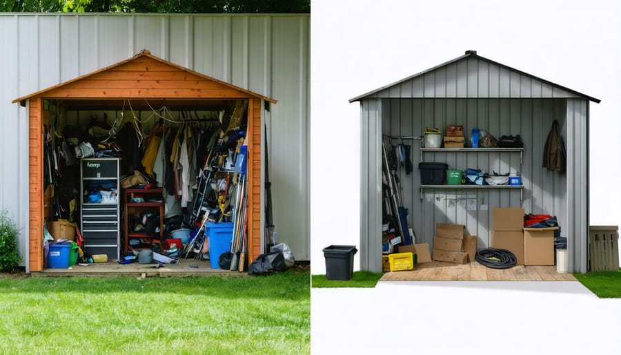 A split image showing the transition of a shed from cluttered to organized, with sorting zones labeled as keep, donate, and dispose in the organized section.
