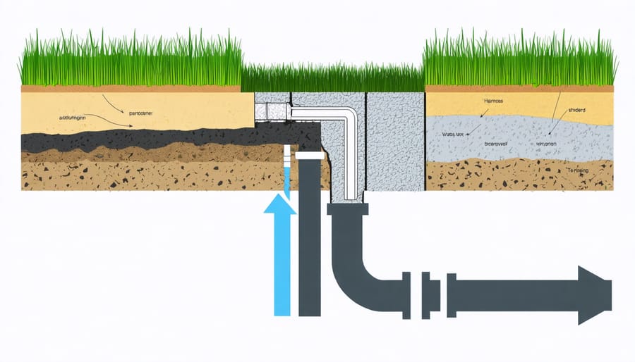 Detailed cross-sectional illustration of shed foundation waterproofing layers including membrane, drainage, and gravel