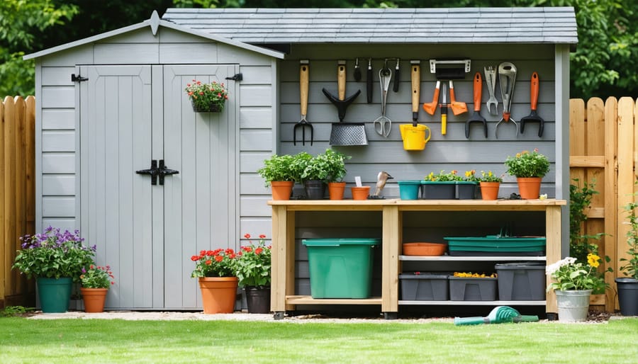 Organized outdoor workstation next to garden shed featuring potting area and arranged garden tools