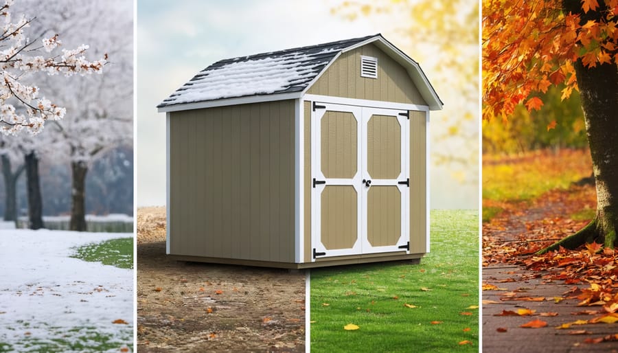 Illustration of a ShelterLogic shed transitioning through the four seasons, highlighted with snow, rain, sun, and leaves, representing its durability and the impact of maintenance across different weather conditions.