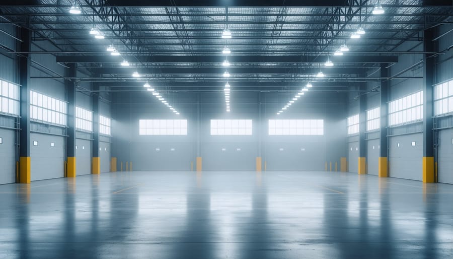Industrial workshop with high bay LED lights demonstrating effective overhead lighting