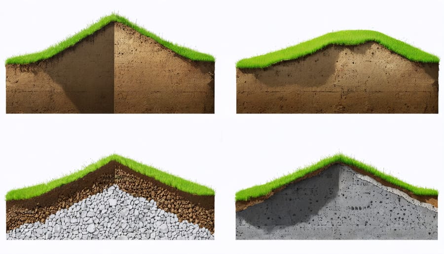Side-by-side comparison of concrete pier, block, gravel pad, and post-beam foundations on slopes