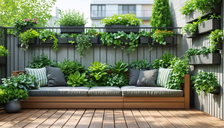 Small balcony space demonstrating biophilic design principles with vertical gardening