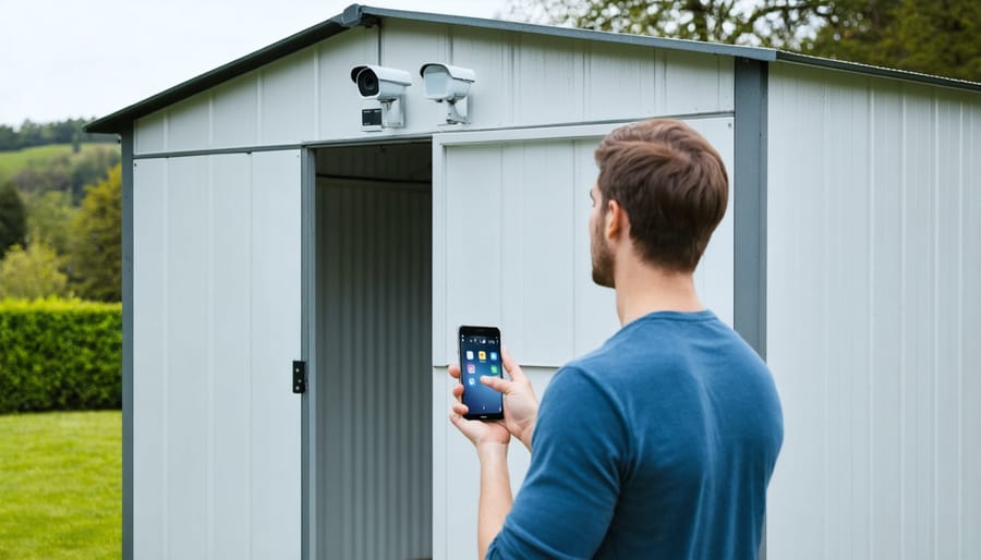 Individual using mobile phone to unlock smart storage shed with visible security features