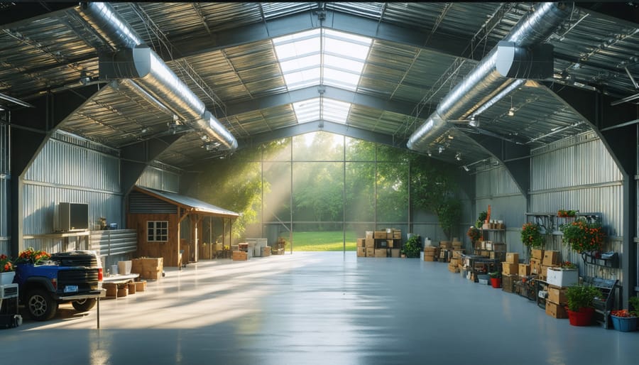 Interior view of a barn featuring advanced ventilation systems with ridge and gable vents, solar panels, and smart control technologies, illustrating a well-ventilated and healthy storage environment.