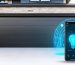 Futuristic smart garage door opener with smartphone app interface and connectivity lines demonstrating advanced technology and integration with home automation systems.