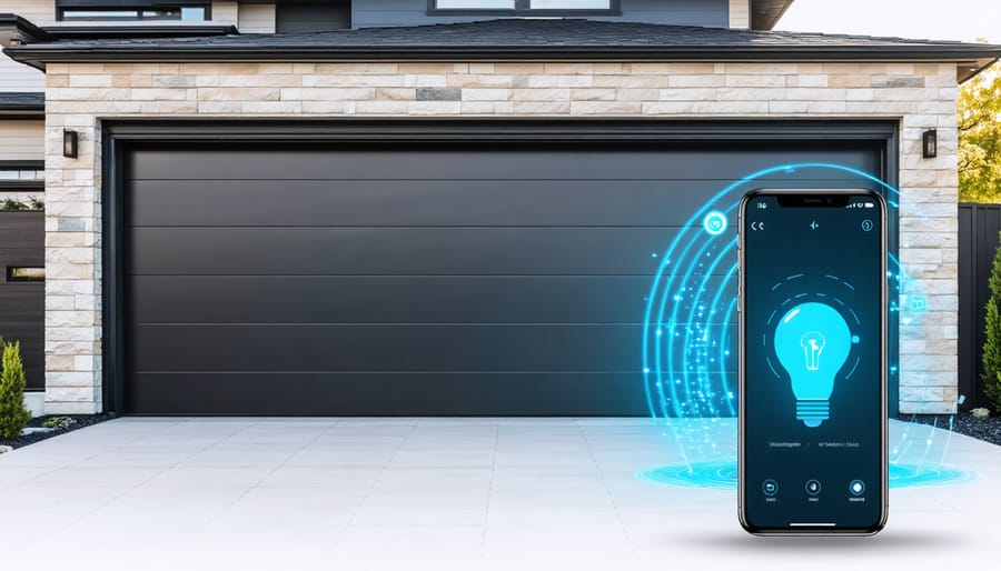 Futuristic smart garage door opener with smartphone app interface and connectivity lines demonstrating advanced technology and integration with home automation systems.