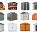 "Collage of discounted storage sheds with promotional tags, against a backdrop of seasonal savings, highlighting various deals and discounts available during off-season sales."