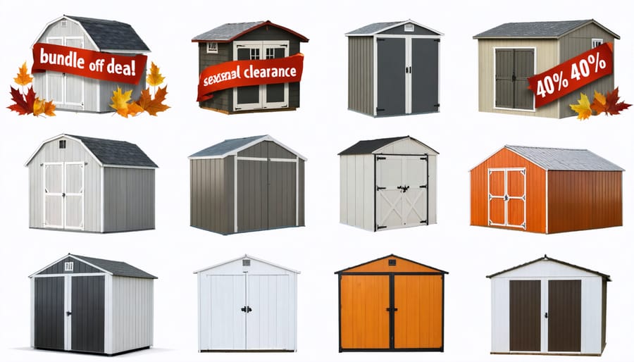 "Collage of discounted storage sheds with promotional tags, against a backdrop of seasonal savings, highlighting various deals and discounts available during off-season sales."