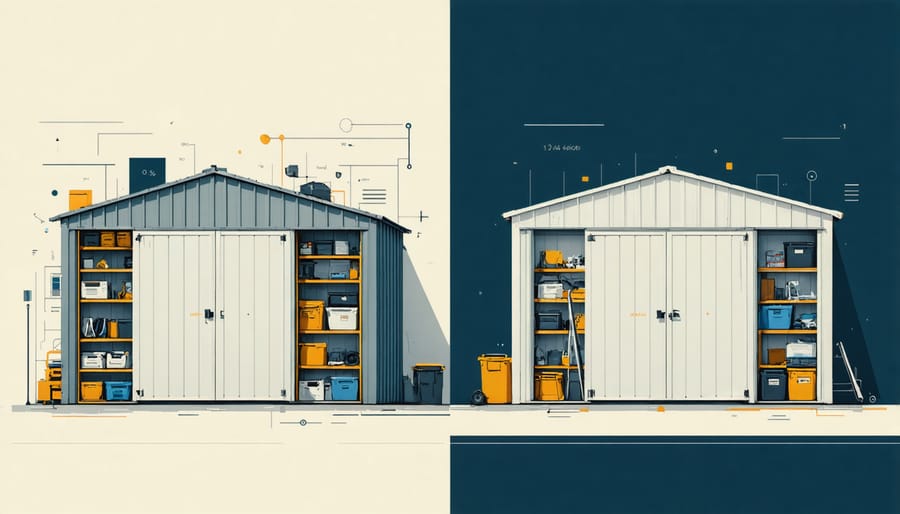 Comparison between traditional storage shed and modern smart shed with digital organization