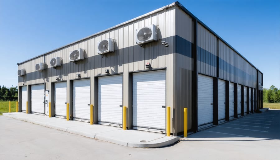 An innovative storage unit showcasing a z-ventilation system with intake vents at the base and exhaust vents near the roof, illustrating air movement in a Z formation to highlight the concept of airflow optimization and moisture management.