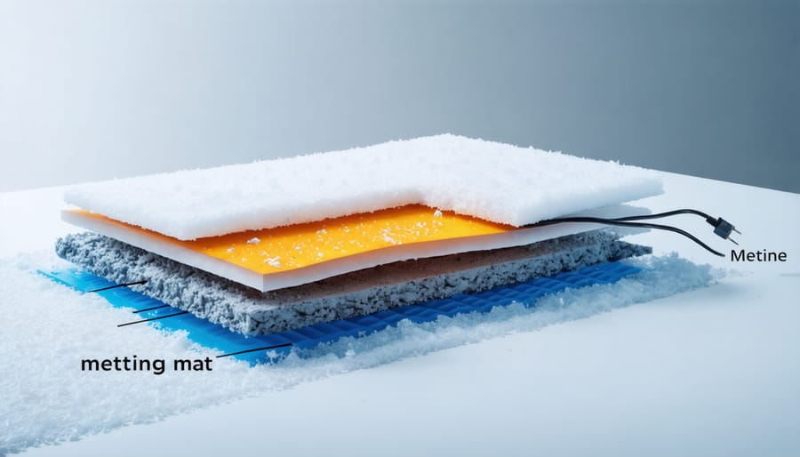 Cross-section diagram of a portable snow melting mat showing heating elements and protective layers